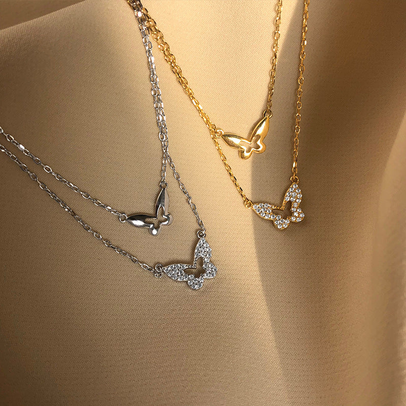Collier Double Papillon Étincelant en plaqué Argent - Moyyudé