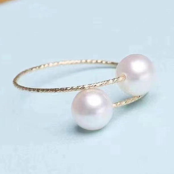 Bague Elastique Or 18K avec deux perles blanches élégantes de la marque Moyyudé