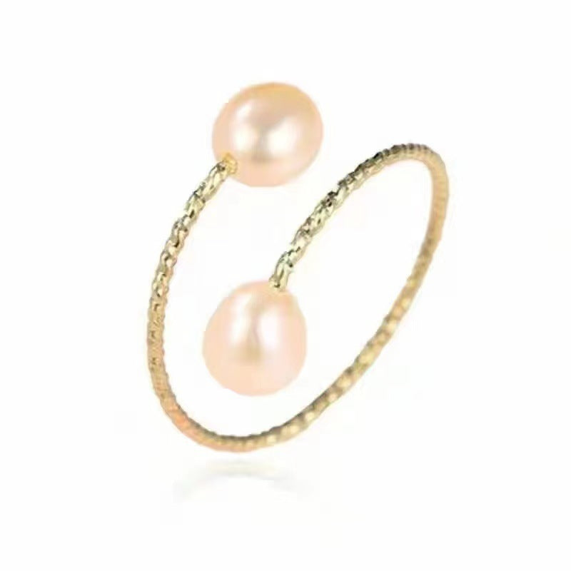 Bague Elastique Or 18K avec deux perles roses sur une bande texturée par Moyyudé