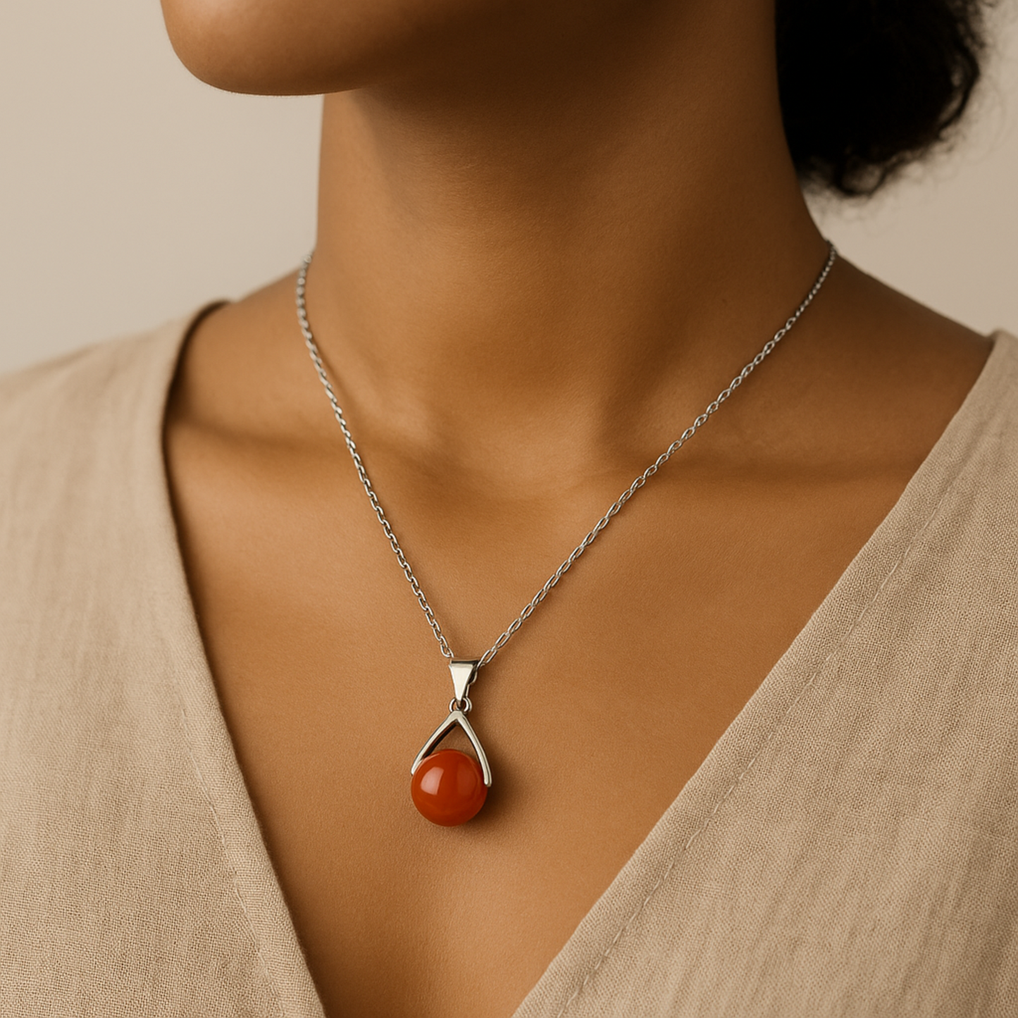 Collier cornaline naturelle avec pendentif boule rouge porté sur un cou féminin en tenue beige