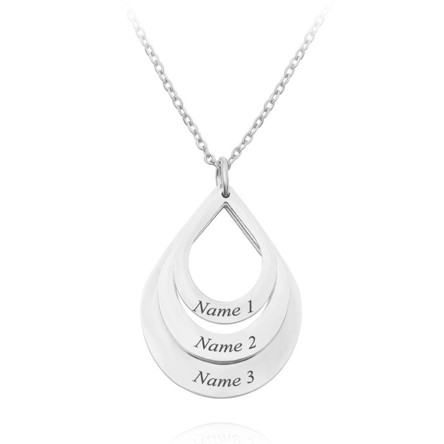 Collier personnalisé gravé en argent avec pendentif goutte et trois noms Moyyudé