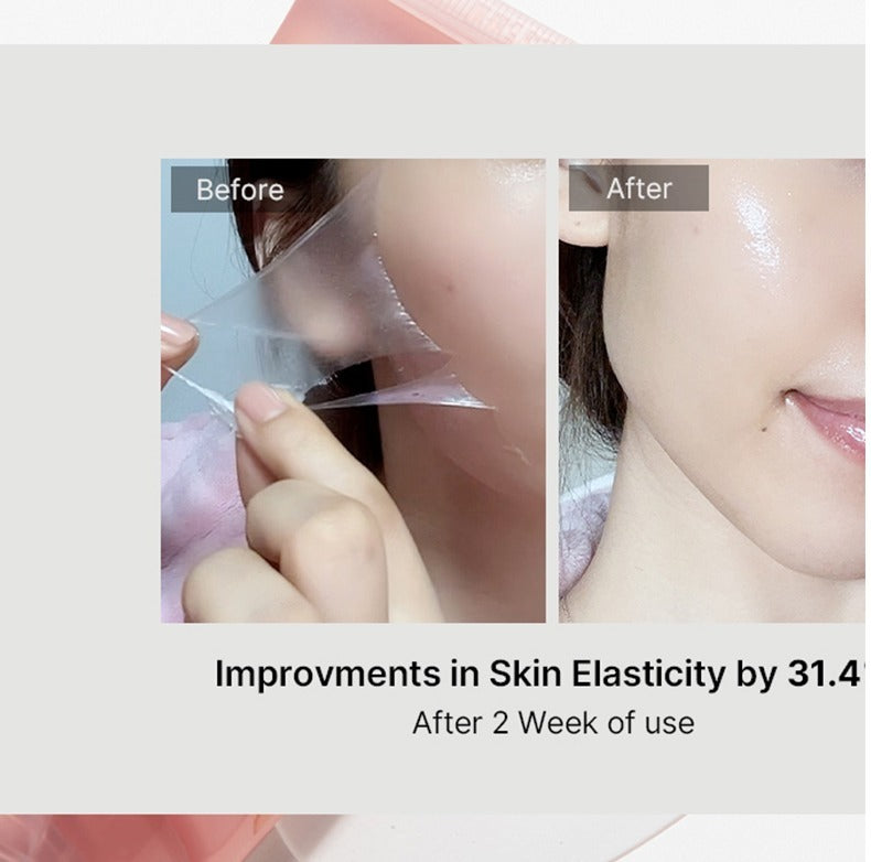 Effet avant après du masque peel-off au collagène Moyyudé montrant une peau plus lisse et élastique