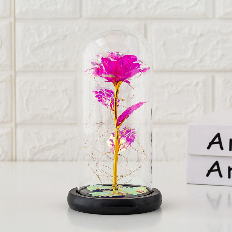 Rose Eternelle Cloche Verre rose fuchsia sous cloche en verre avec socle noir décoratif