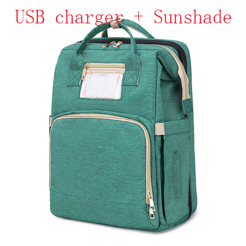 Sac à langer Moyyudé vert avec USB charger et Sunshade sac a langer avec lit intégré pratique