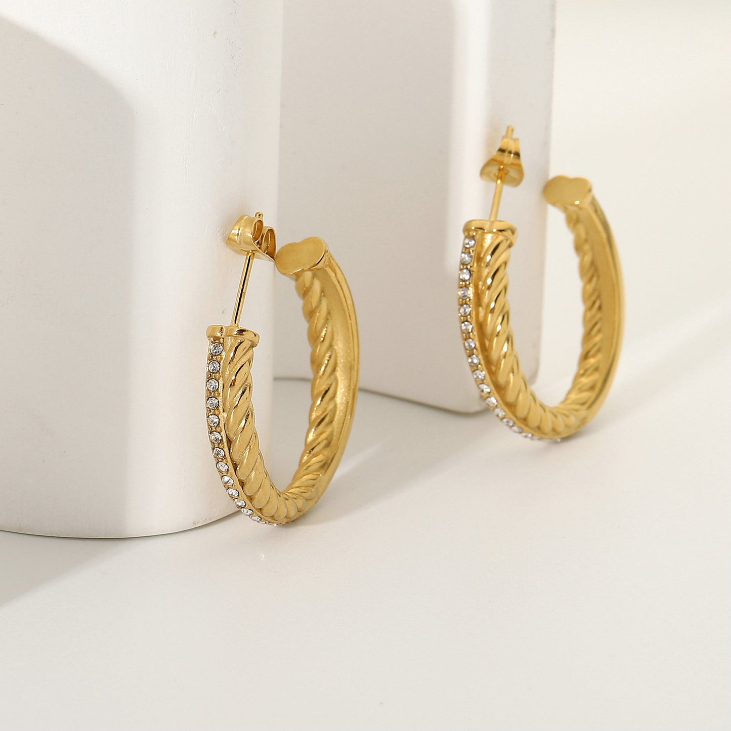 18K Gold-plated Stainless Steel Zircon Twist Cross C-shaped Earrings - Moyyudé