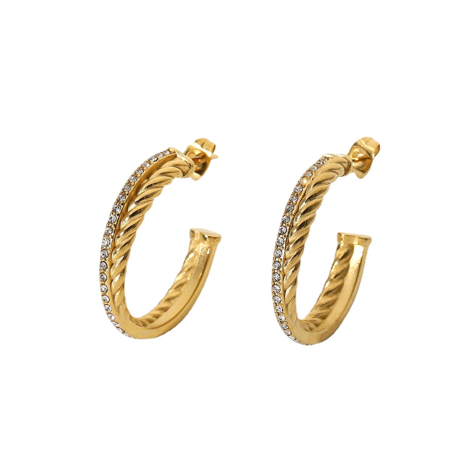 18K Gold-plated Stainless Steel Zircon Twist Cross C-shaped Earrings - Moyyudé