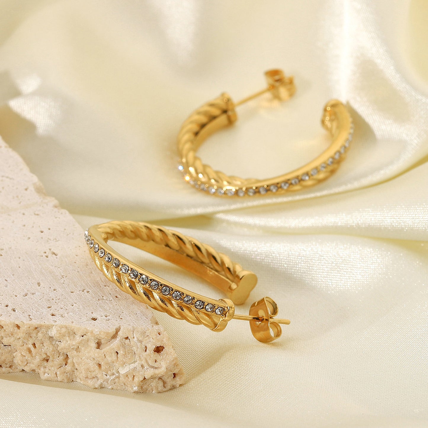 18K Gold-plated Stainless Steel Zircon Twist Cross C-shaped Earrings - Moyyudé