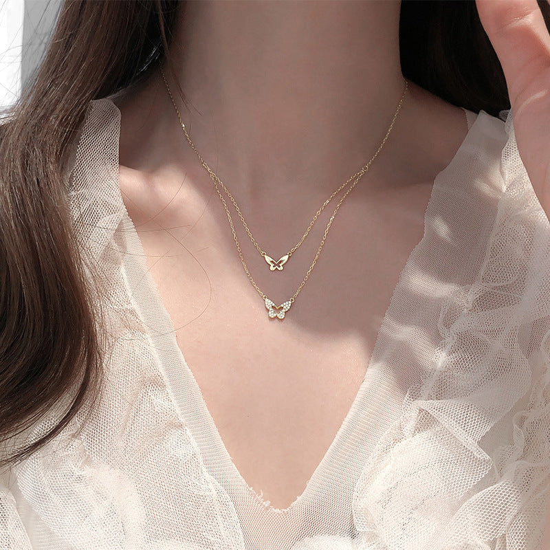 Collier Double Papillon Étincelant en  plaqué Argent - Moyyudé