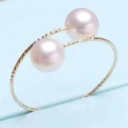 Bague Elastique Or 18K avec deux perles blanches élégantes et design fin Moyyudé