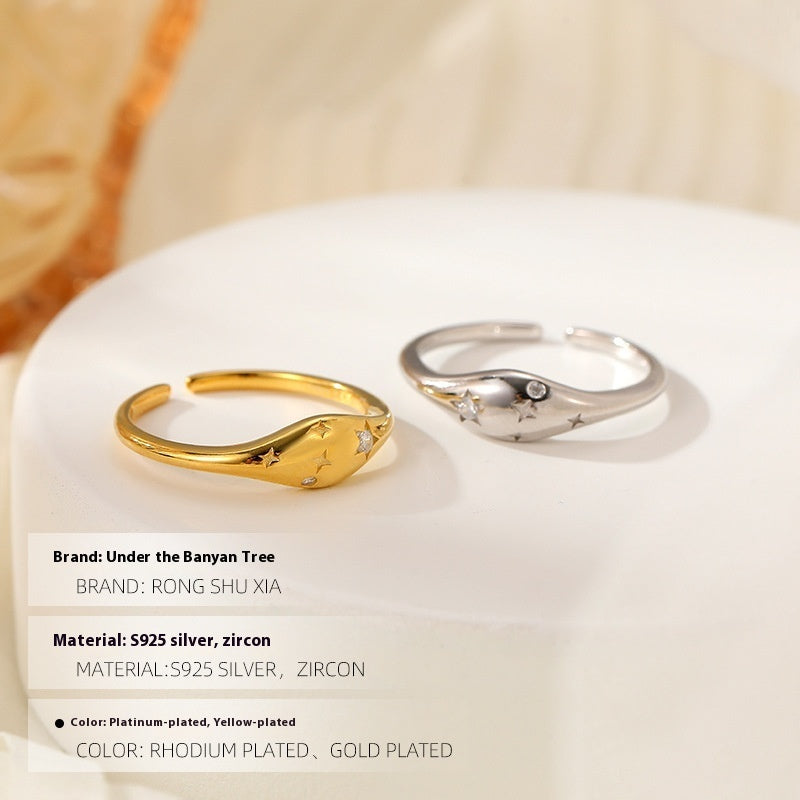 Bague femme argent ajustable en argent et or avec petits motifs étoilés signée Moyyudé
