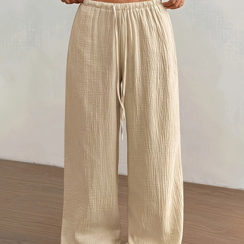 Pantalon femme décontracté beige Moyyudé en tissu léger avec taille élastique et cordon