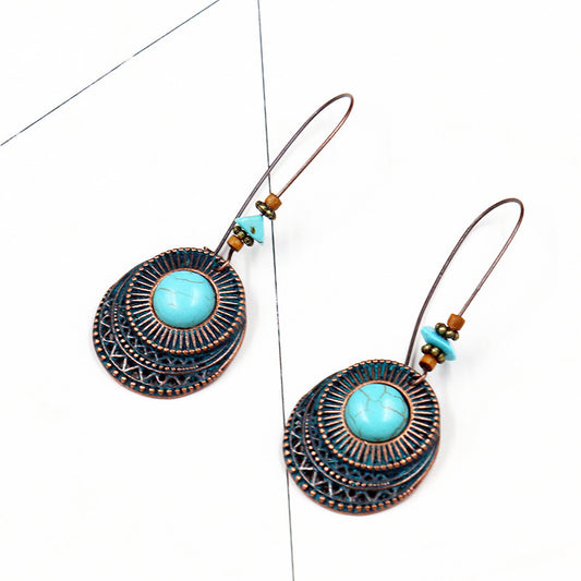 Boucles D'oreilles Vintage Turquoise Moyyudé en métal avec pierre turquoise centrale et détails gravés