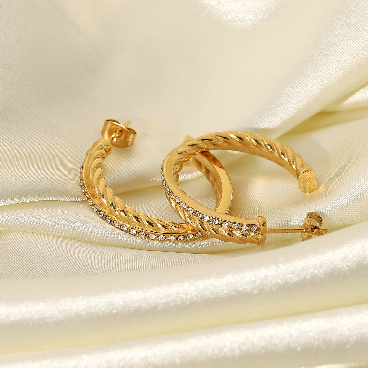 18K Gold-plated Stainless Steel Zircon Twist Cross C-shaped Earrings - Moyyudé