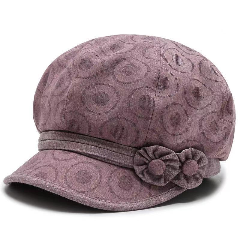Chapeau femme Moyyudé style coréen mauve avec motifs ronds et décoration fleurie