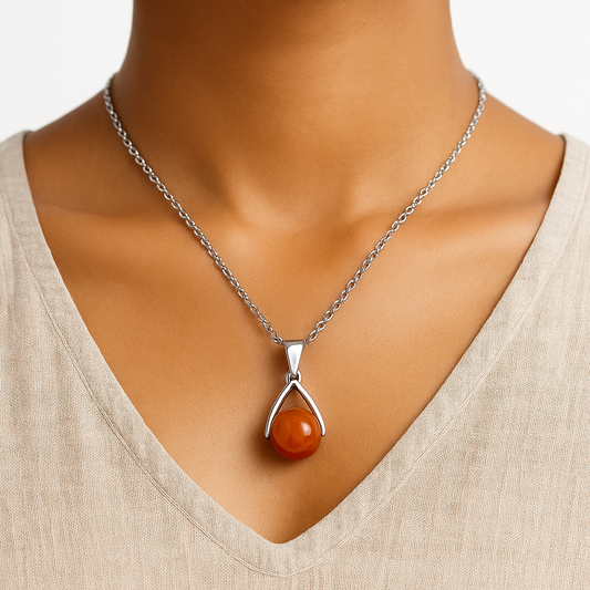 Collier cornaline naturelle avec pendentif pierre rouge montée sur chaîne argentée porté au cou