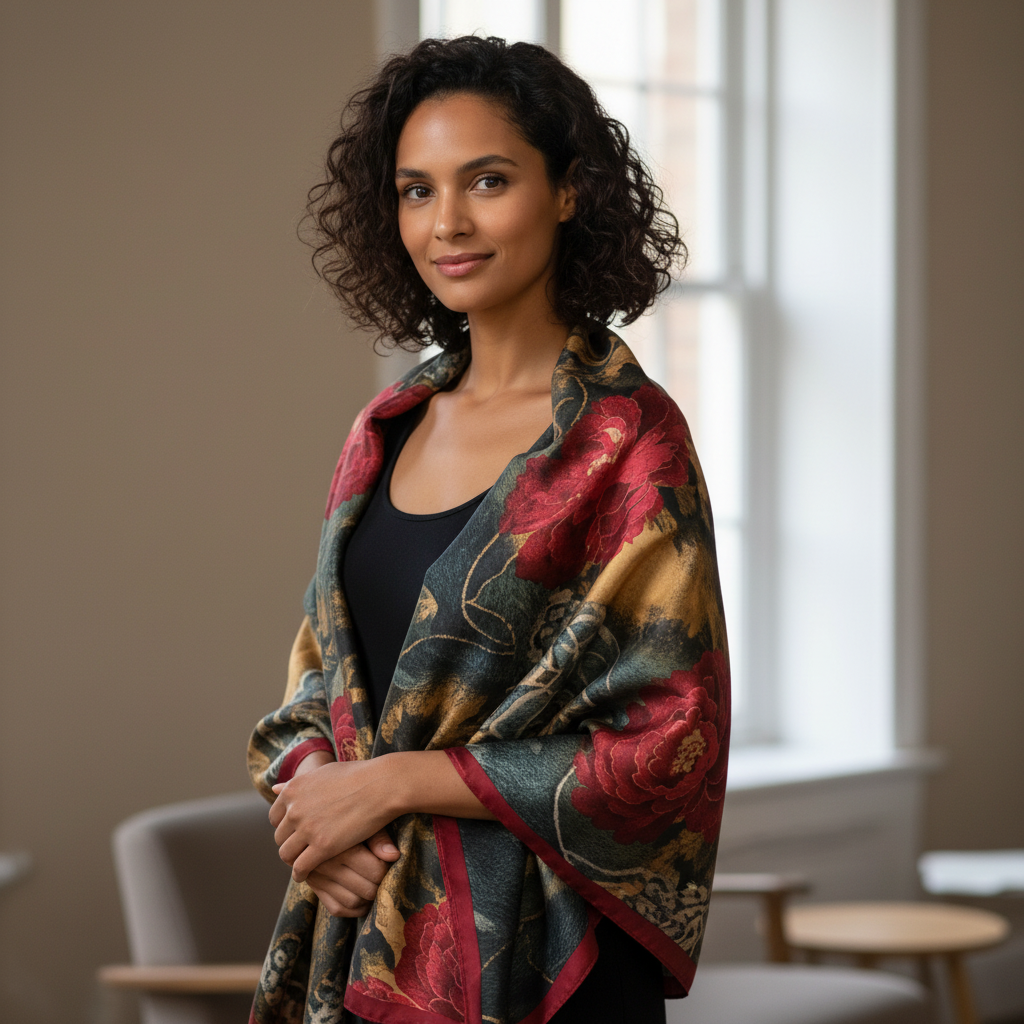 Grand châle soie floral drapé – femme lifestyle