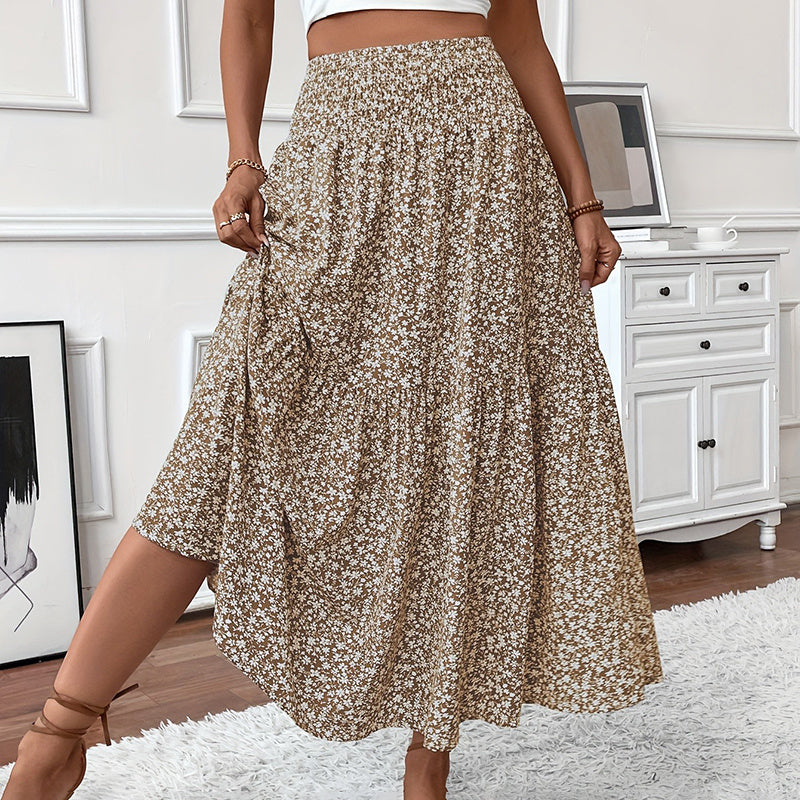 Jupe longue bohème chic Moyyudé beige à petites fleurs blanches avec taille élastique