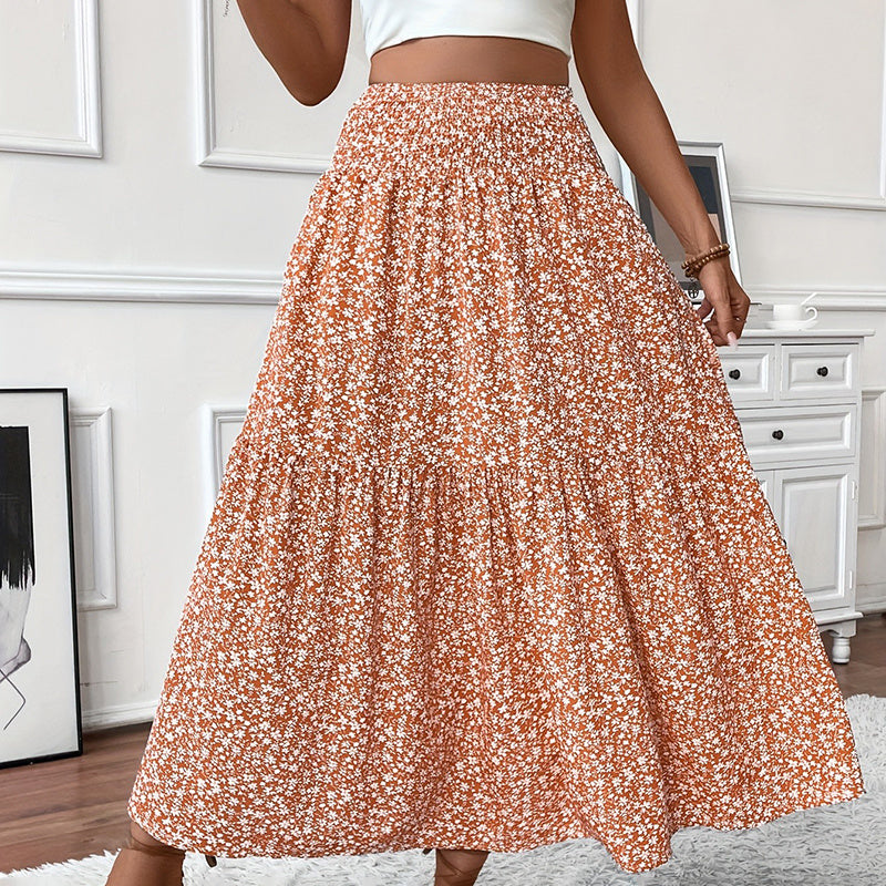 Jupe longue bohème chic Moyyudé avec imprimé floral blanc sur fond marron clair