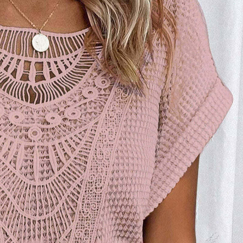 T-shirt en dentelle rose détail ajouré mode estivale confortable femme Moyyudé