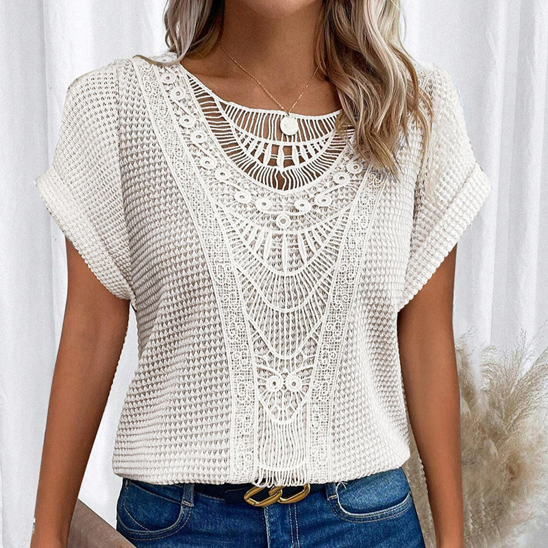 T-shirt en dentelle Moyyudé blanc pour mode estivale confortable femme avec détails ajourés