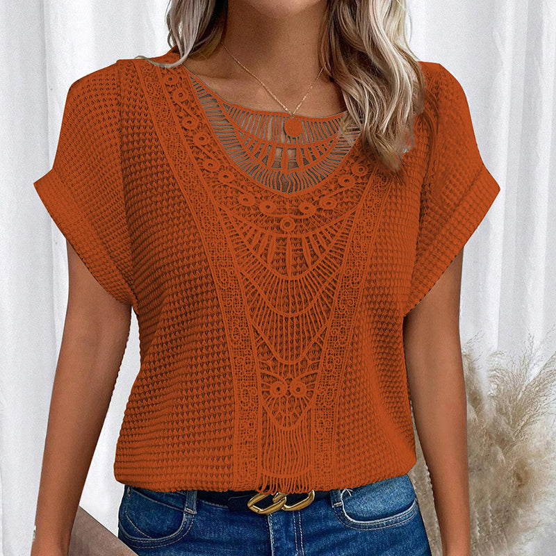 T-shirt en dentelle orange Moyyudé pour mode estivale confortable femme avec détails ajourés et manches courtes