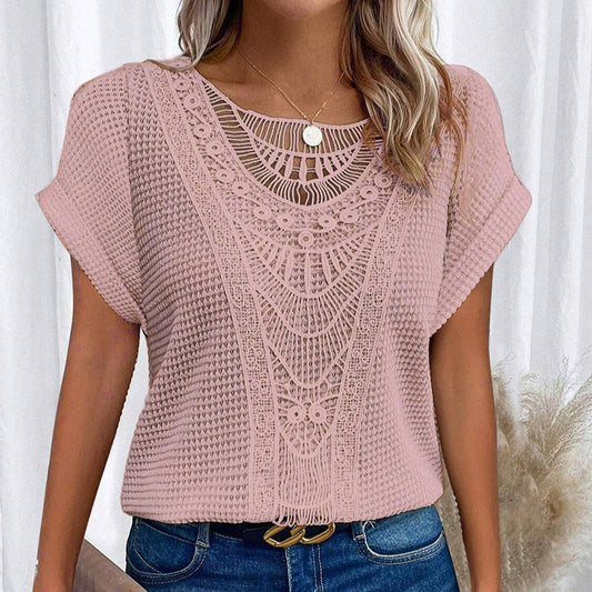 T-shirt en dentelle rose Moyyudé pour mode estivale confortable femme avec détails ajourés élégants