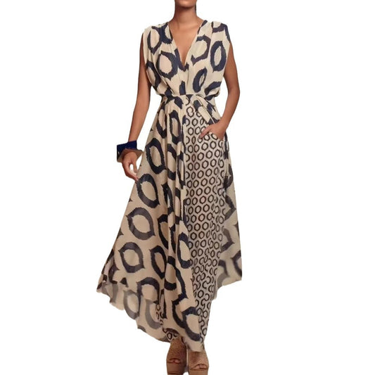 Ensemble dos nu à lacets Moyyudé robe longue fluide motifs abstraits noir et beige