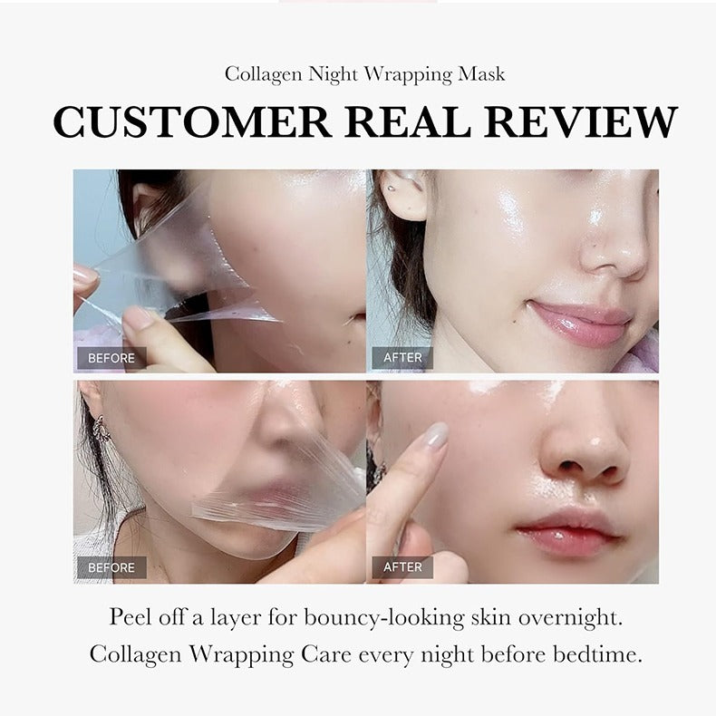 Avant et après utilisation du masque peel-off au collagène Moyyudé montrant une peau nette et éclatante