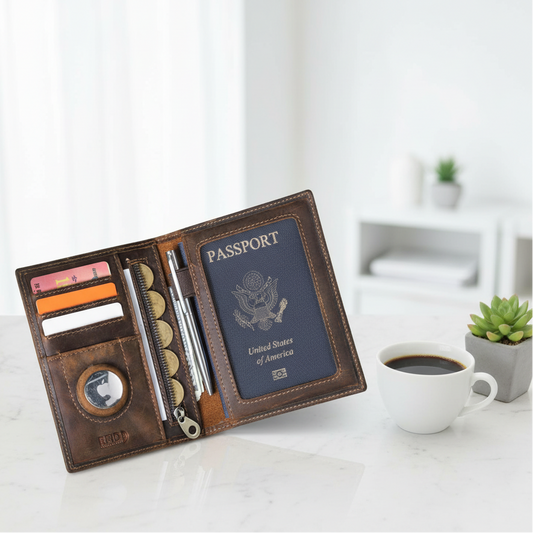 Portefeuille cuir vintage – vrai produit sur marbre lifestyle
