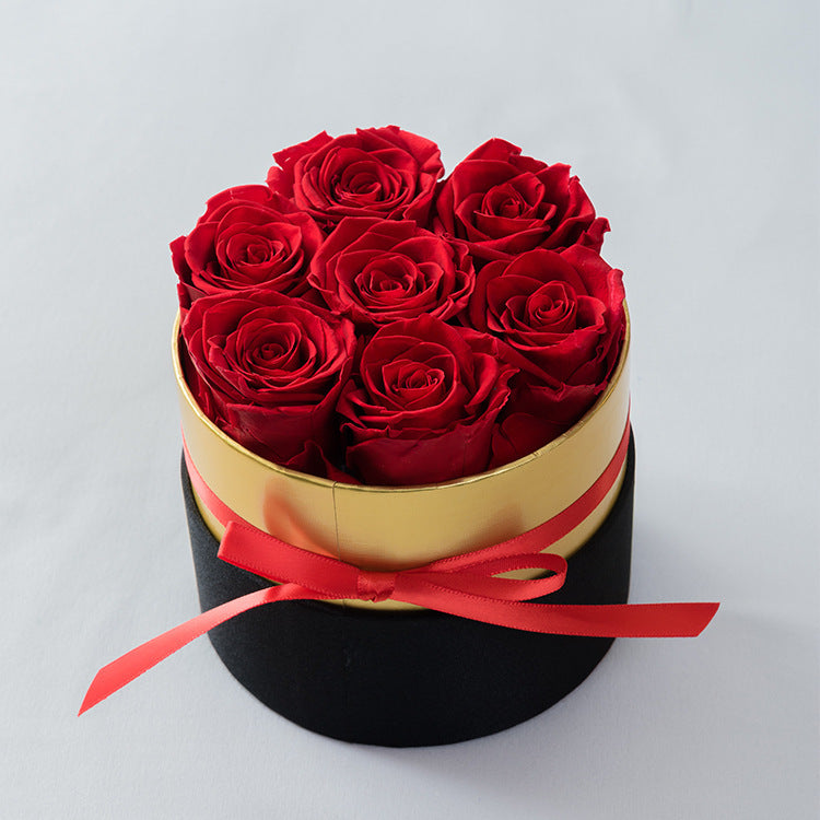 Pot de fleurs en cœur Moyyudé avec roses rouges séchées dans boîte noire et or avec ruban rouge
