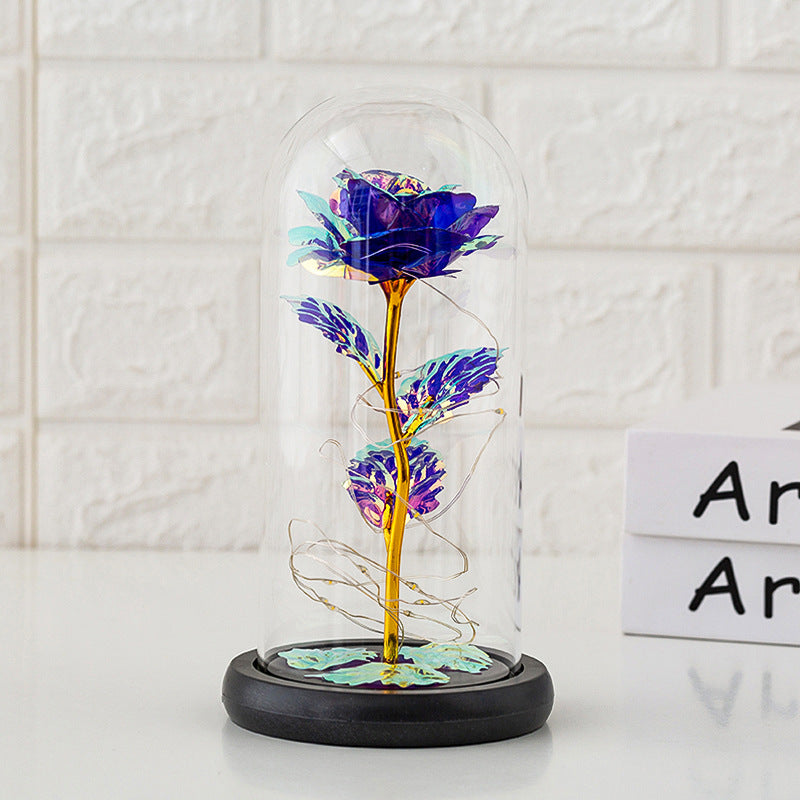 Rose Eternelle Cloche Verre bleue avec tige dorée sous cloche en verre Moyyudé décorative