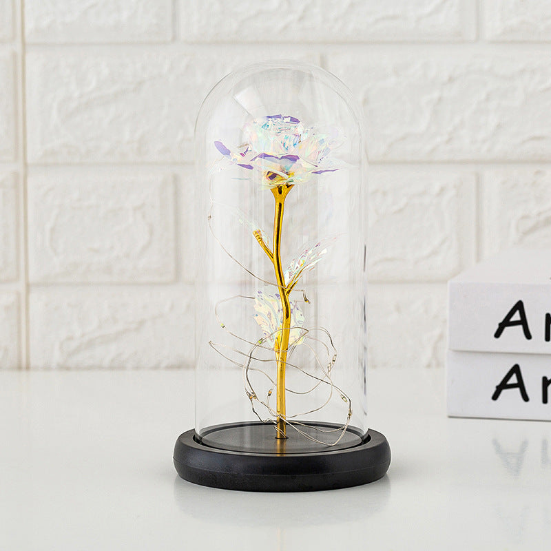 Rose Eternelle Cloche Verre avec tige dorée sous cloche en verre sur socle noir