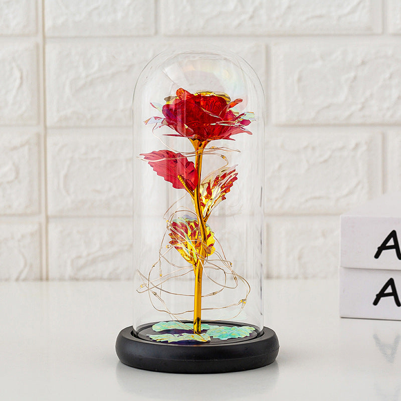 Rose Eternelle Cloche Verre rouge avec tige dorée décorative sous cloche en verre par Moyyudé