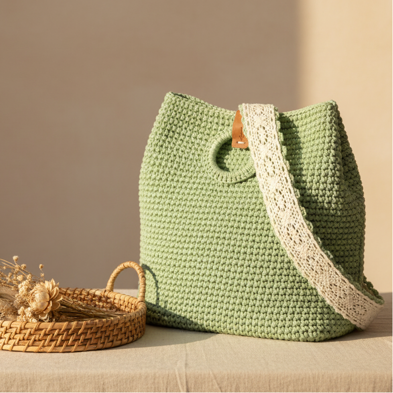 Sac crochet vert menthe – mise en valeur lifestyle