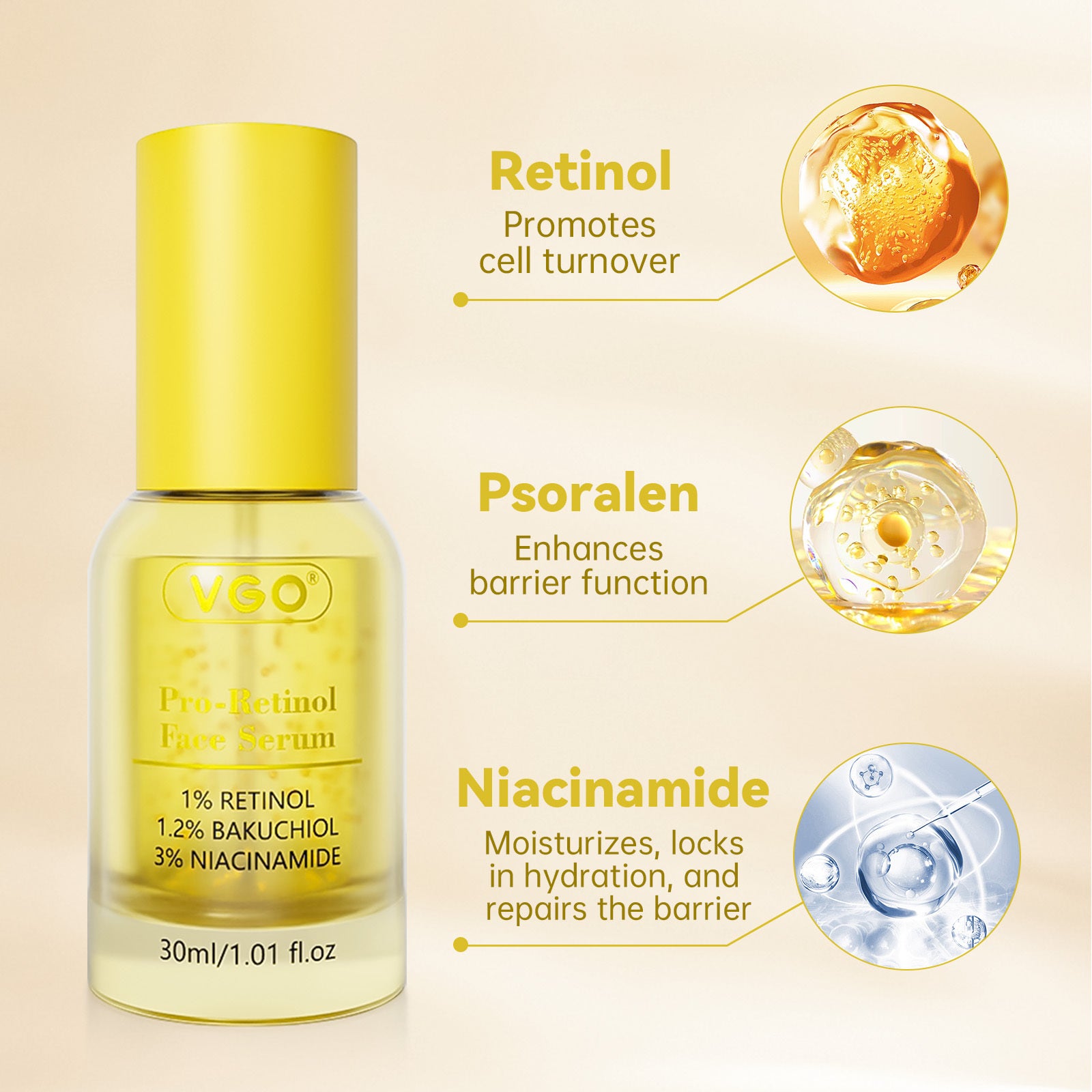 Sérum anti-âge pro-rétinol Moyyudé en flacon jaune 30 ml avec ingrédients Retinol, Psoralen et Niacinamide