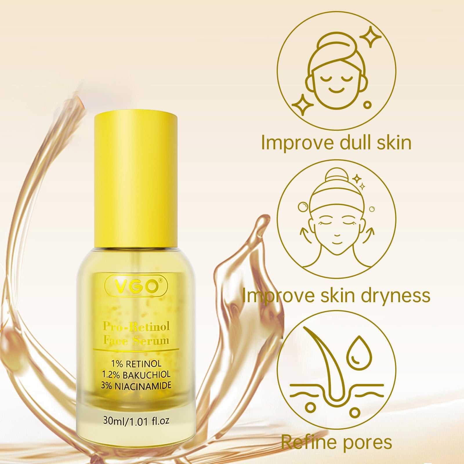 Sérum anti-âge pro-rétinol Moyyudé en flacon 30ml avec ingrédients pour peau éclatante et pores affinés