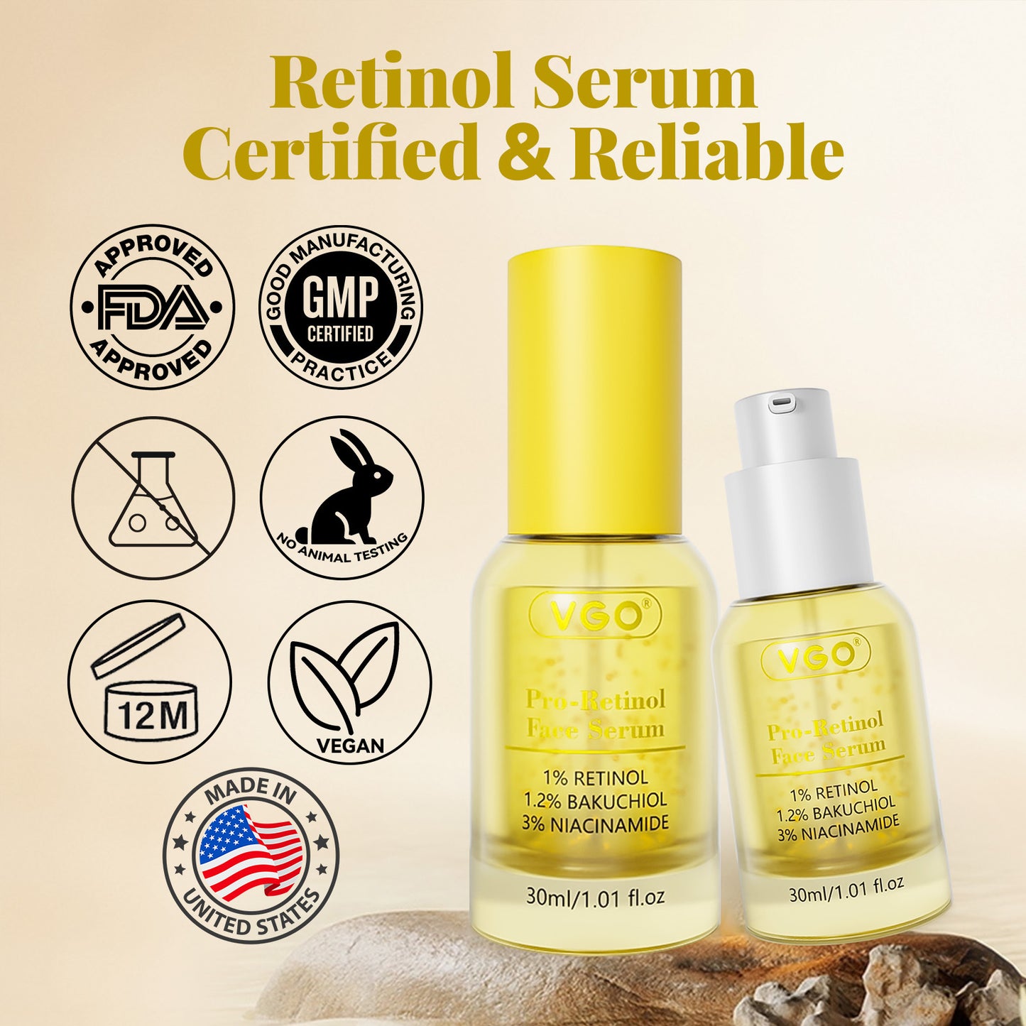 Sérum anti-âge pro-rétinol Moyyudé en flacons avec certification FDA et GMP, sans tests animaux, vegan