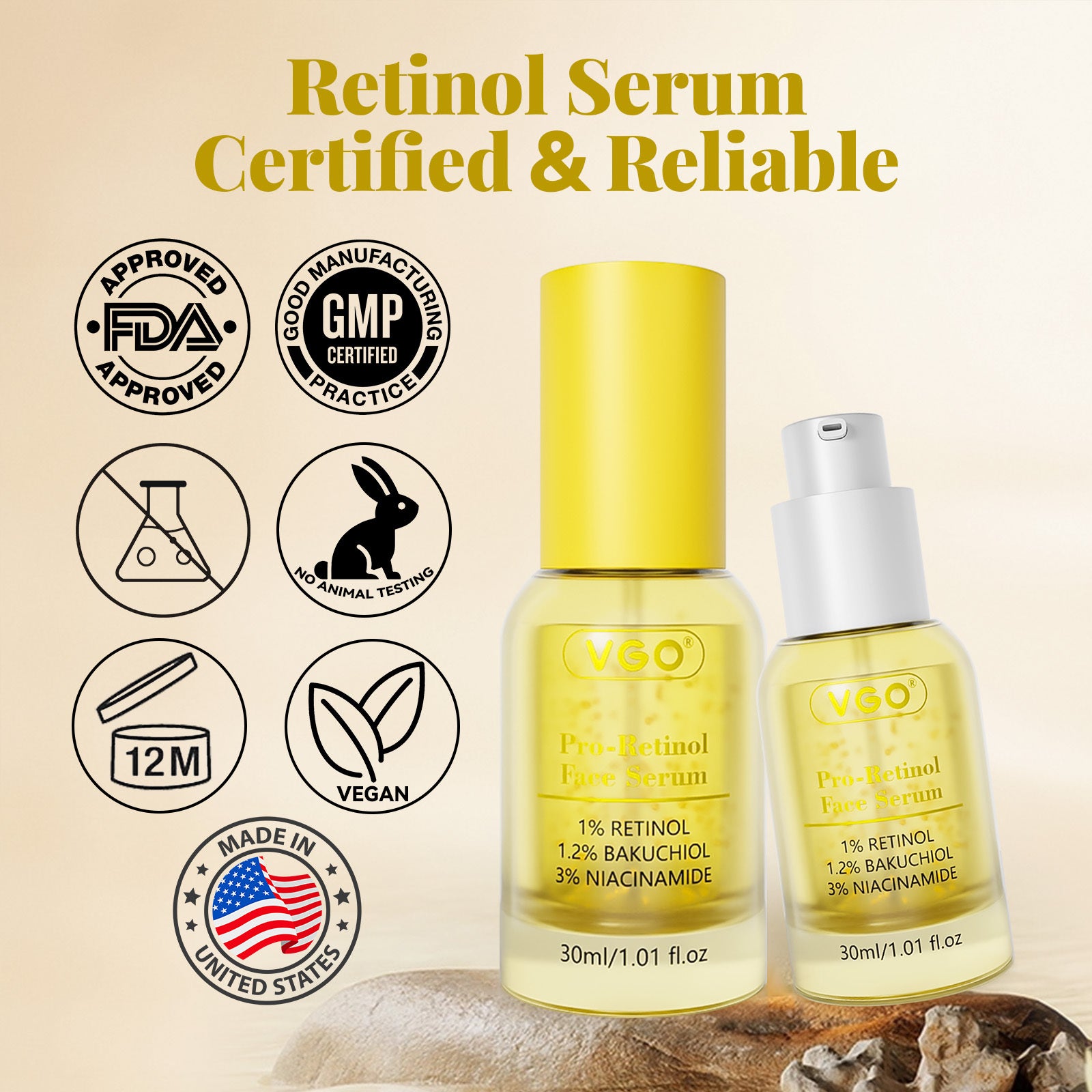 Sérum anti-âge pro-rétinol Moyyudé en flacons avec certification FDA et GMP, sans tests animaux, vegan