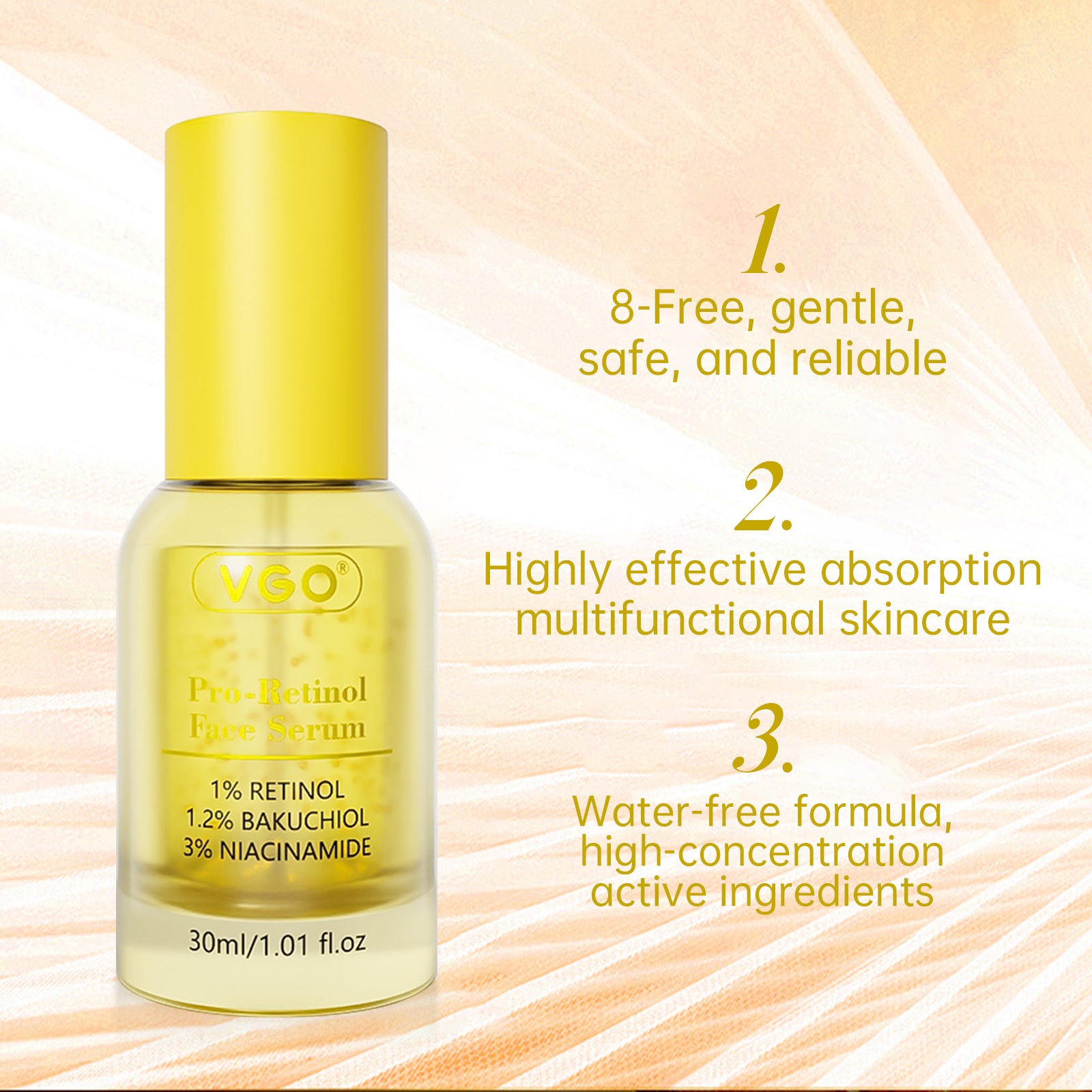 Sérum anti-âge pro-rétinol Moyyudé en flacon jaune transparent 30ml avec ingrédients actifs concentrés