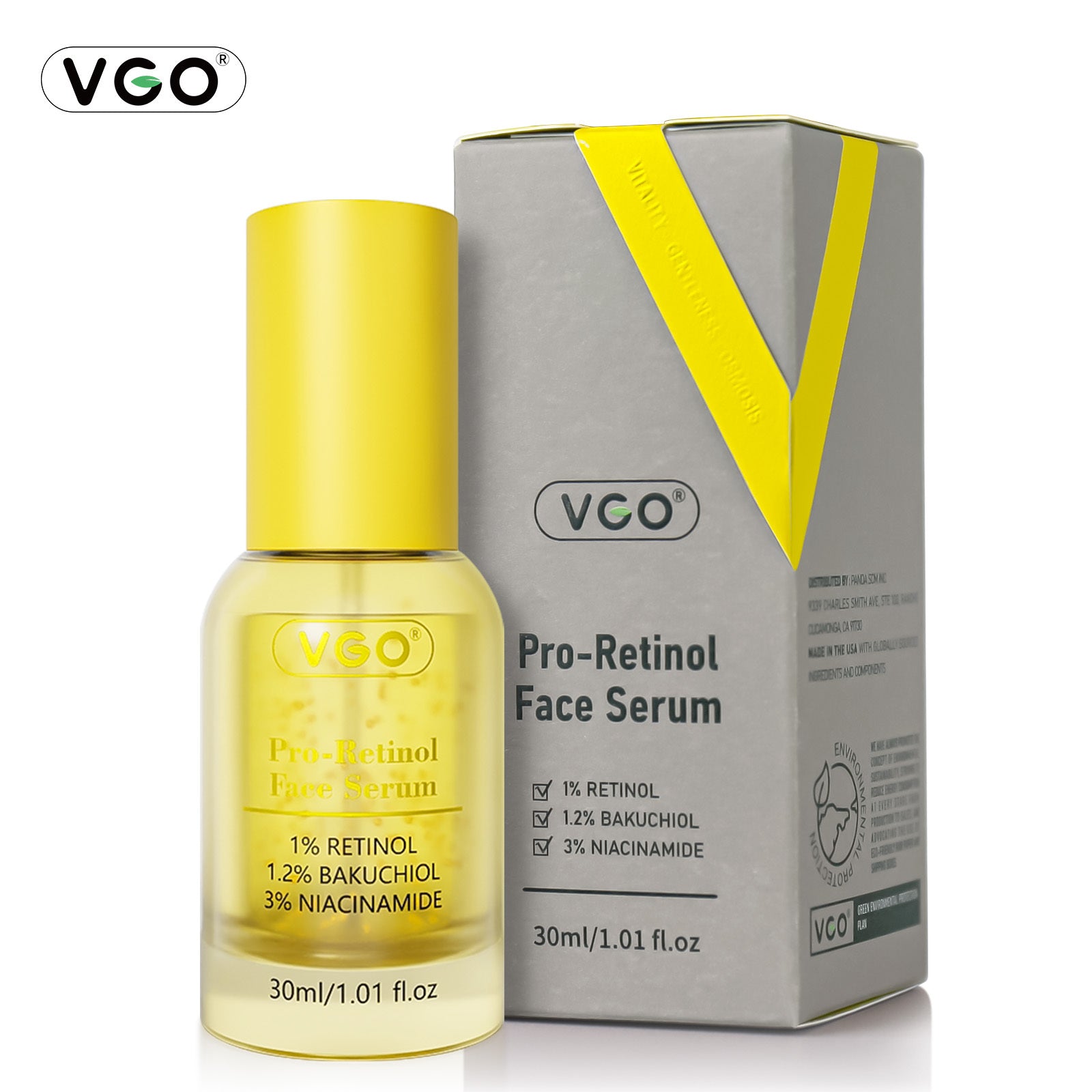 Sérum anti-âge pro-rétinol VGO en bouteille jaune avec emballage gris pour soin du visage