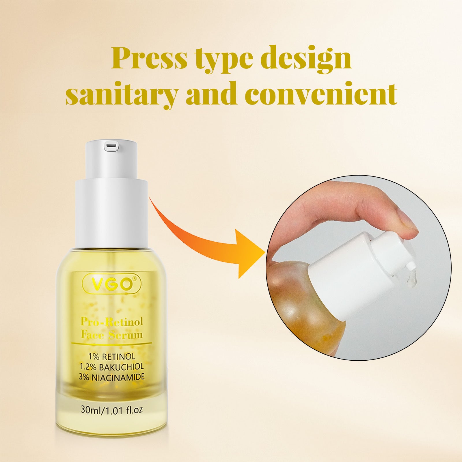 Sérum anti-âge pro-rétinol Moyyudé en flacon avec pompe pressable pratique et hygiénique